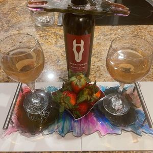 Handmade Resin Wine/Cheese Tray, Wine Glass Holder & Coaster Set